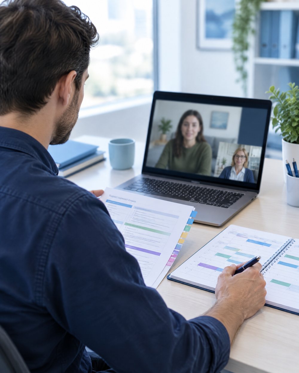 A coordinator on a video call with a participant and therapist, cross-checking the support plan