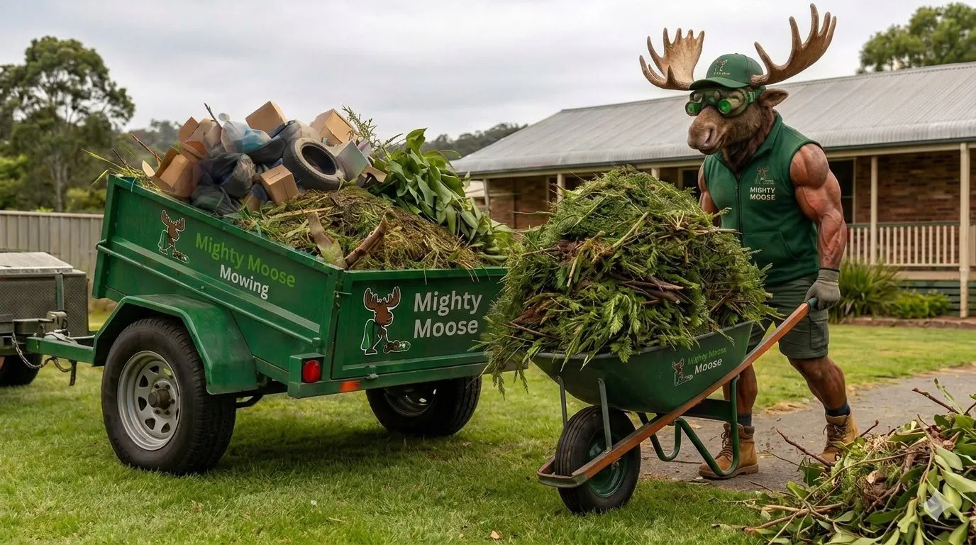 The Mighty Moose mascot loading green waste into a branded Mighty Moose trailer